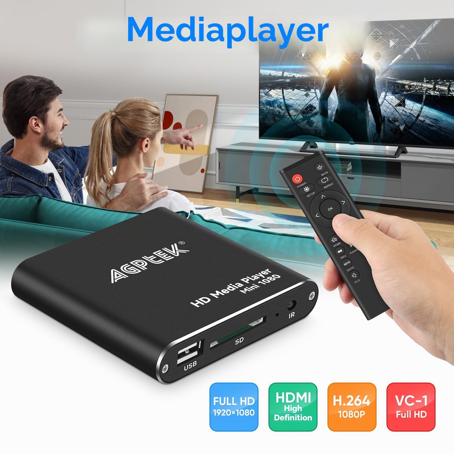 AGPTEK Mini 1080P Full HD Digital Mediaplayer Medienspieler Medienspieler mit Fernbedienung für MP3, WMA, OGG, AAC, FLAC, APE, AC3, DTS, ATRA