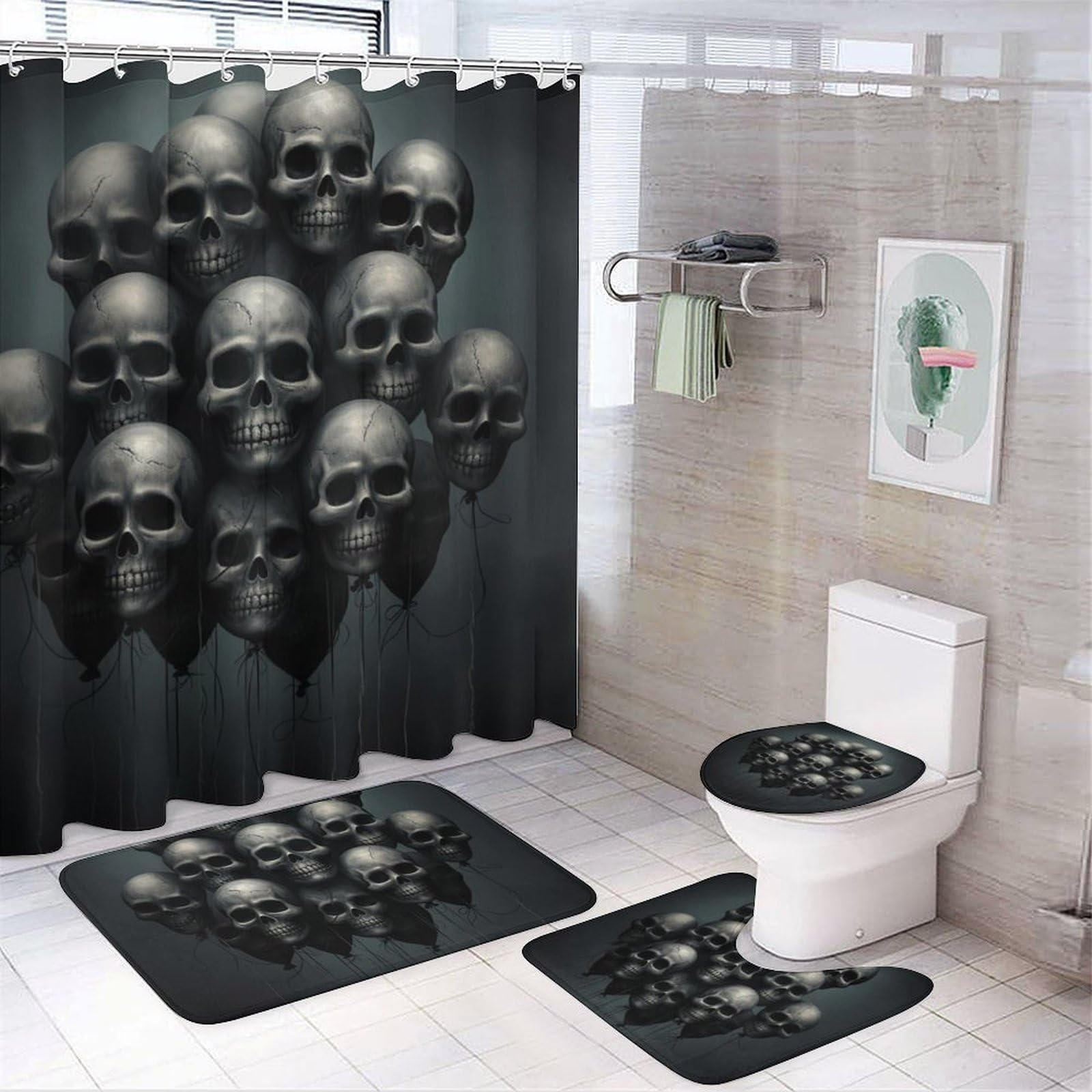 FOCCAFB 4Pcs Rustic Fantasy Skull Bathroom Sets with Shower Curtain Rugs Mats Black Skeleton Balloon Landscape Bathroom Decorations Sets with Non Slip