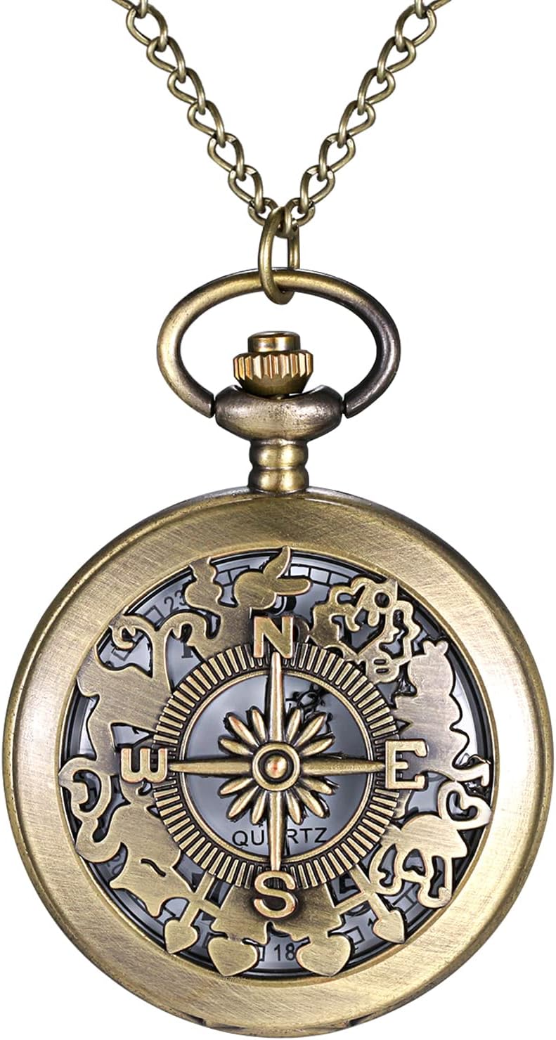 Lancardo Antique Bronze Pocket Watch Vintage Unisex Hollow Out Astrolabe Carving Arabic Markers with Chain Halloween Costume