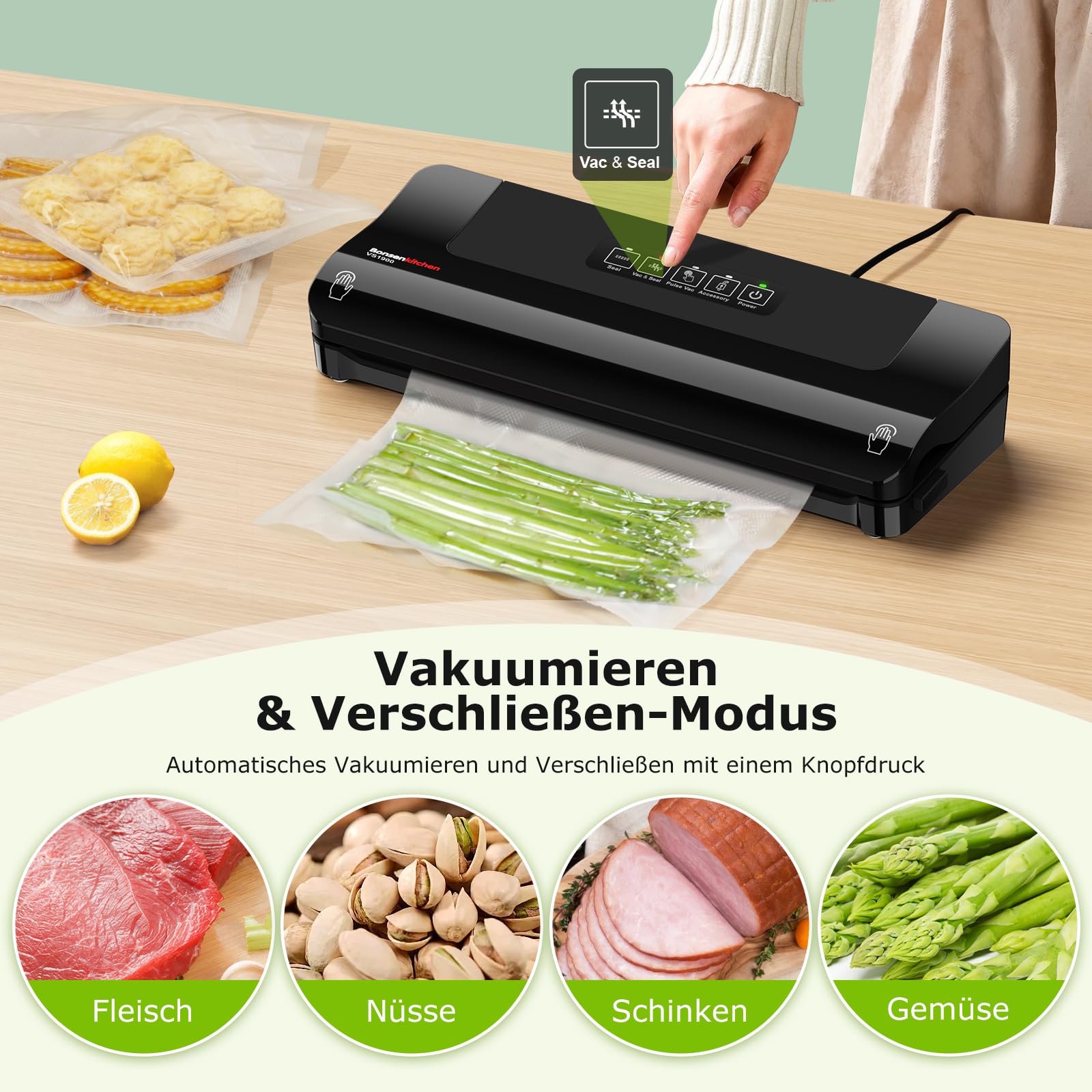 Bonsenkitchen Vakuumiergerät, Vakuumierer für Lebensmittel mit Vakuumbeuteln und Zubehörschlauch Schwarz