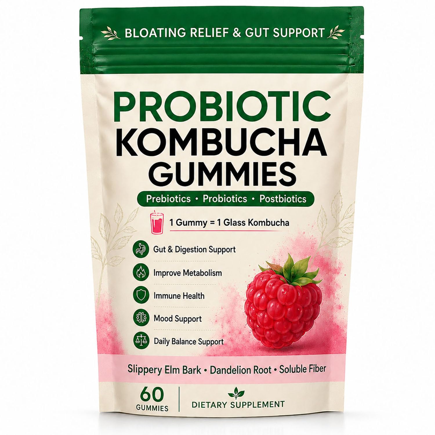 Evolia Probiotic Kombucha Gummies, Prebiotic Probiotic Postbiotic Formula, Digestive & Gut Health Support, Microbiome Balance & Digestive Comfort, Vegan, Non-GMO, 60 Gummies (1 Peak)