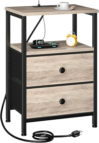 Miniatura 10 de Mesita de noche con estación de carga, mesa auxiliar con 2 cajones de tela, mesita de noche para dormitorio, mesa auxiliar de cama pequeña con