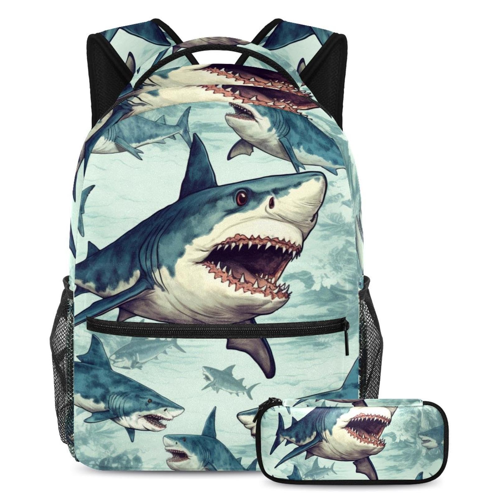 Sac à dos imprimé requin avec trousse d'école pour élèves - 7