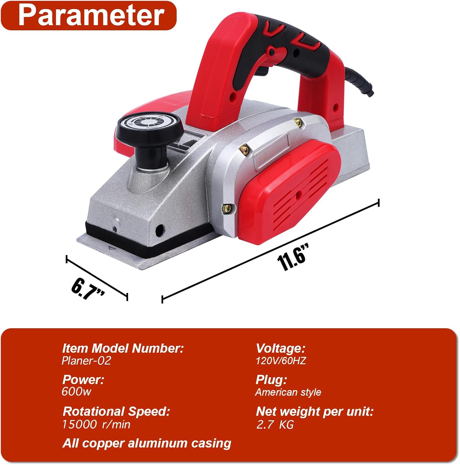 BHTOP Electric Hand Planer, Wood Planer for Woodworking, 3-1/4 Inch Corded Planer with Blades, Edge Guide（8201）