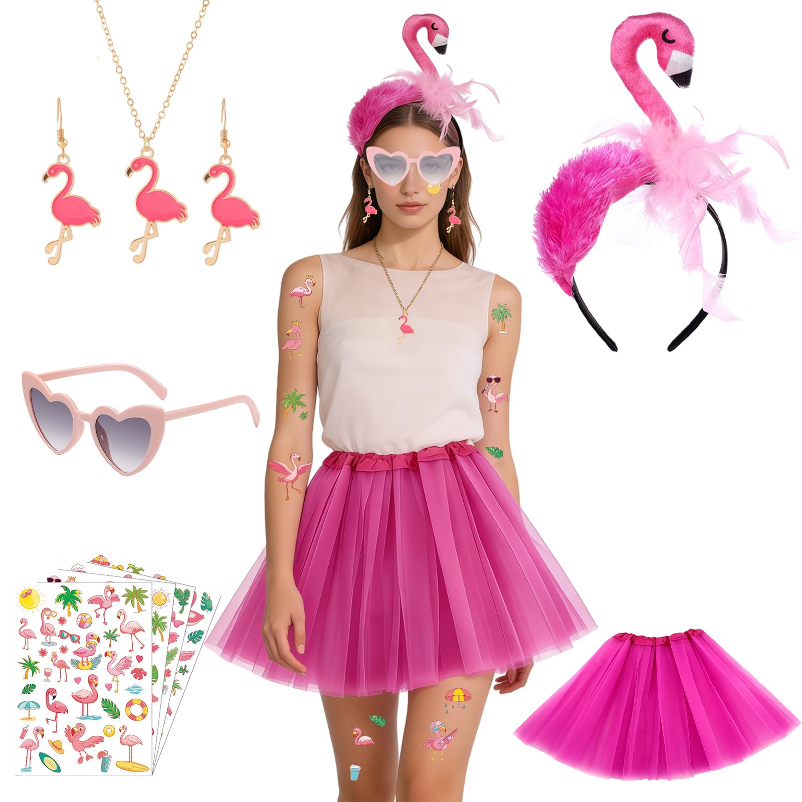 AYNKH Flamingo Costume,Women's Fancy Dress with Headband,Flamingo Headband Hawaiian Headband,Adult Women's Costume for Hawaiian Party, Carnival, Summer Party