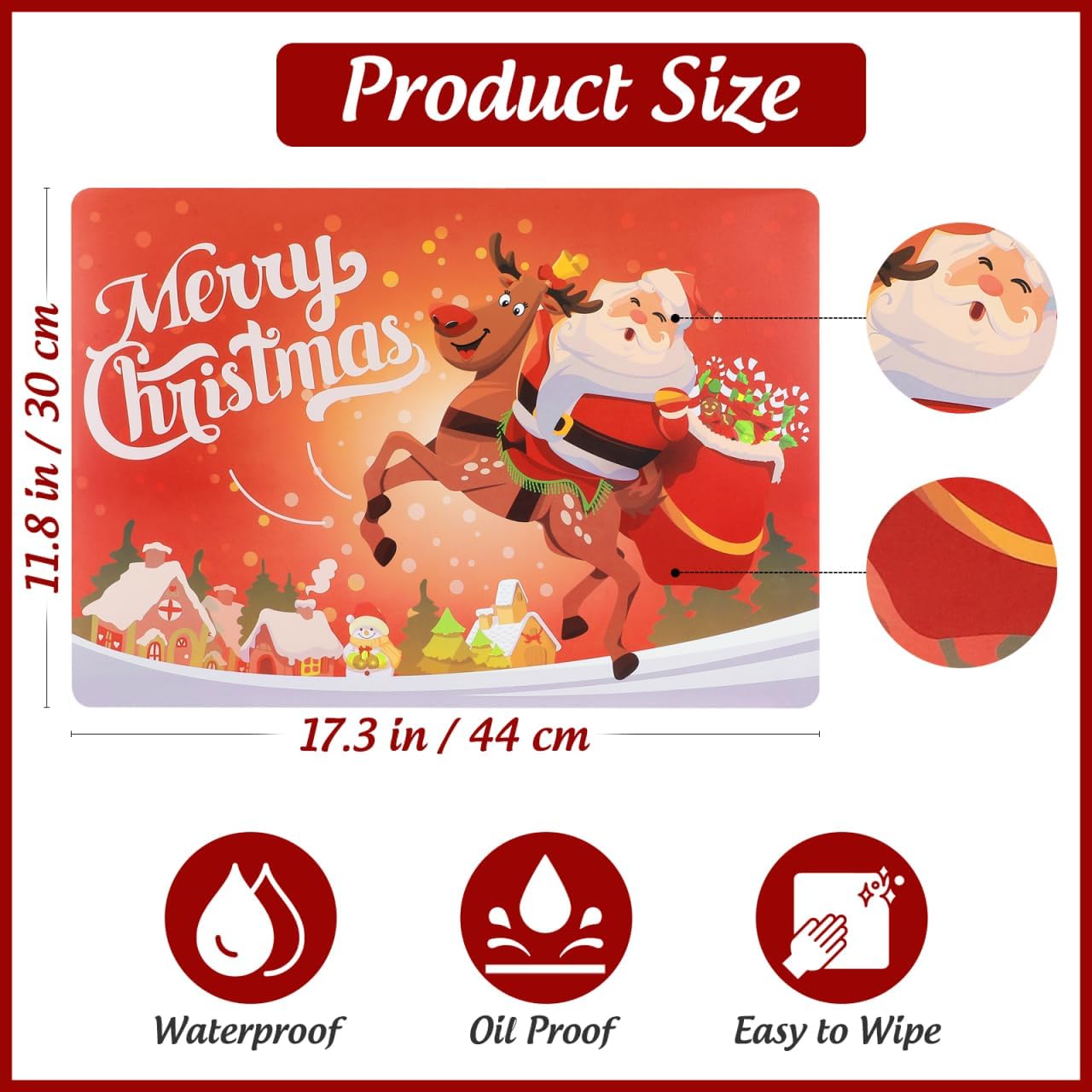 BESTonZON 6PCS Cute Christmas Placemats Waterproof Xmas Christmas Placemats Set, Red Holiday Table Mats for Dining Table Decoration(17.3” X 11.8”)