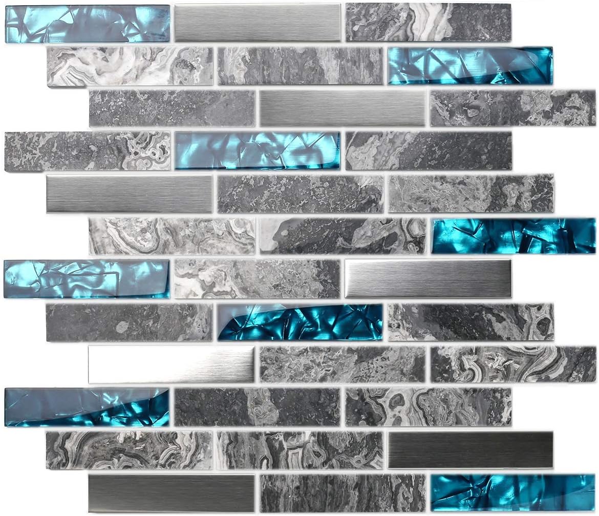 TST Stone Glass Tile Gray Smooth Polished Marble Teal Blue Crystal Glass Brushed Steel Accent Wall Backsplash Border Art Mosaic Tile TSTMGT001 (11 Square Feet)