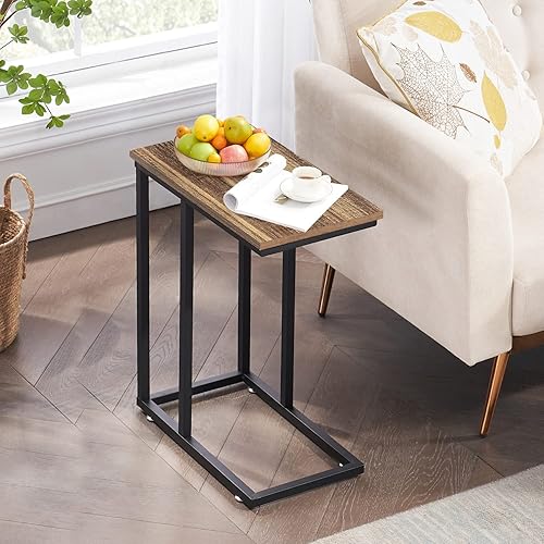 Miniatura 5 de VECELO Mesa auxiliar en forma de C para sofá y cama, bandeja de TV para sala de estar, dormitorio, juego de 2, color marrón