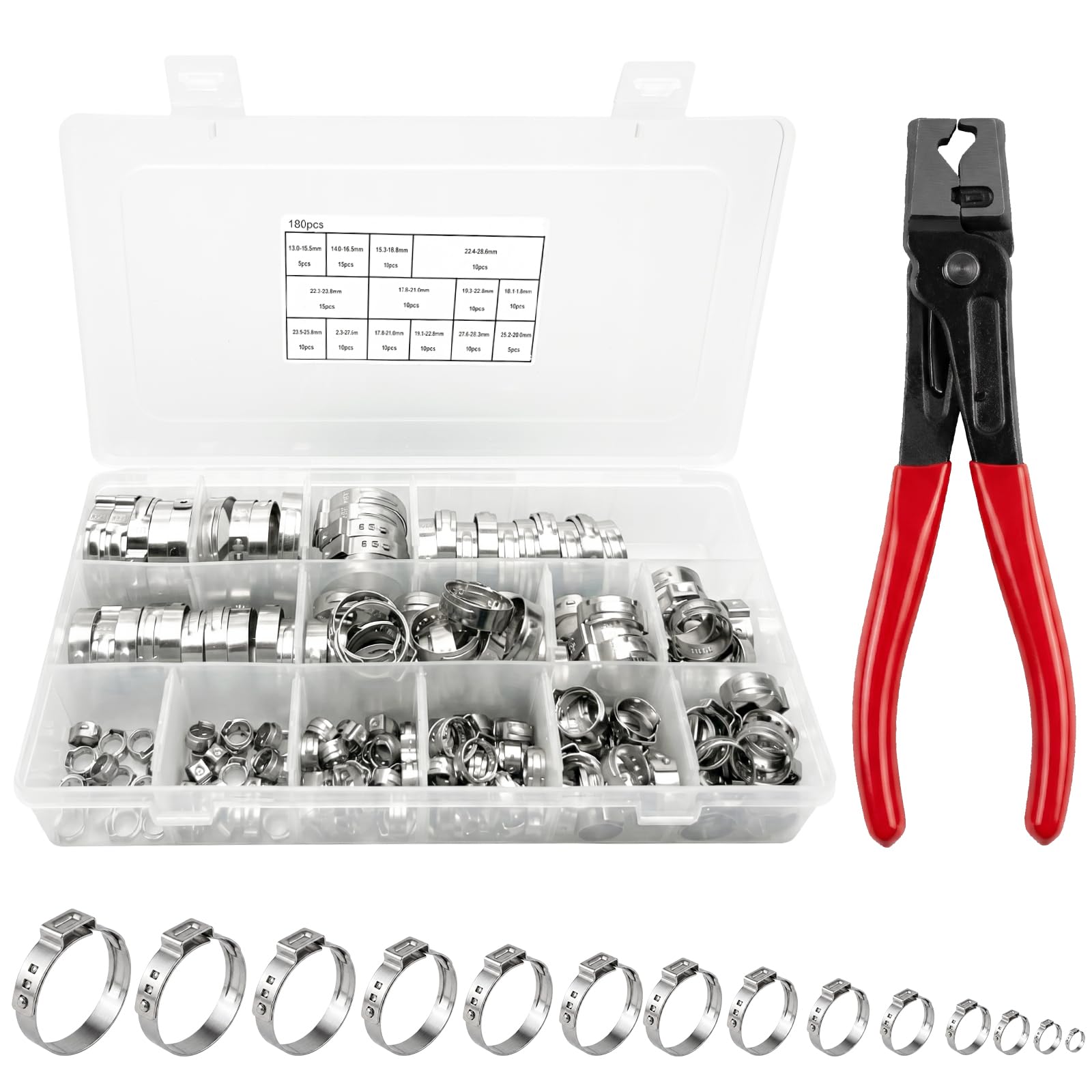 Schlauchschellen Set 180-teilig – 304 Edelstahl Einohr-Klemmen stufenlos (5,3-33,1 mm) mit robuster Ohrklemmenzange – Rostfreie Schlauchklemmen für KFZ, Wasser- und Kraftstoffleitungen