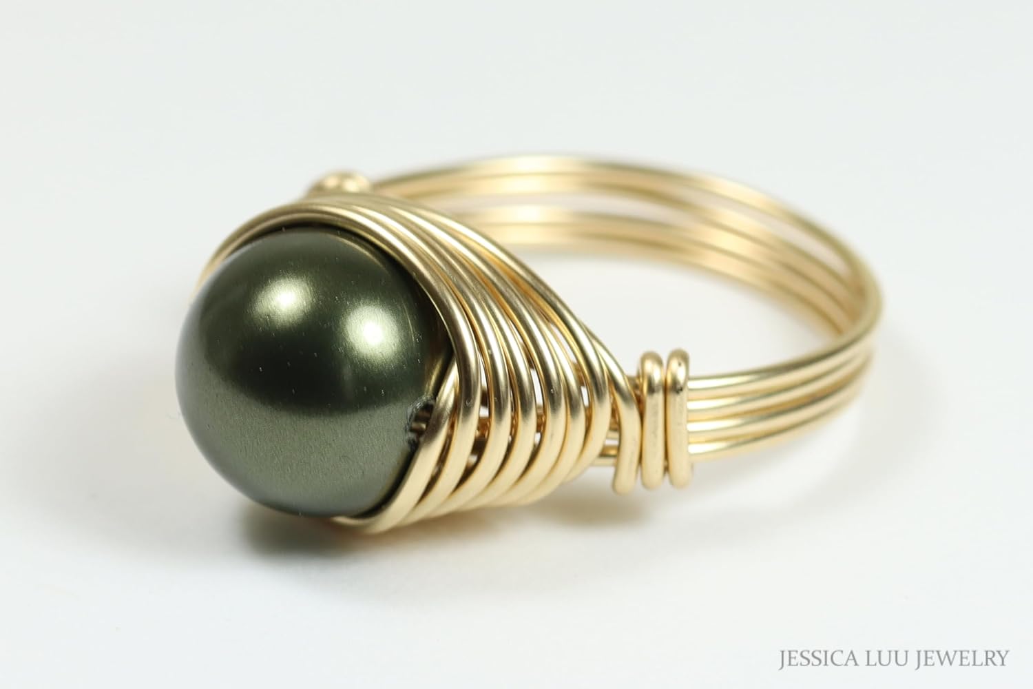 JESSICA LUU JEWELRY Handmade Pearl Ring, 10mm Dark Olive Green, 14K Gold Filled Wire Wrapped, Custom Size