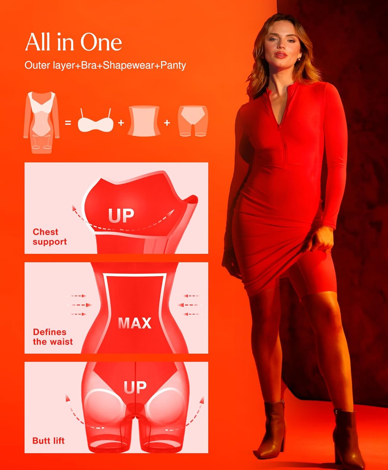 Popilush Shapewear Dress Long Sleeve Midi Dress Tummy Control Mock Neck Casual Dresses for Women Red Thermal