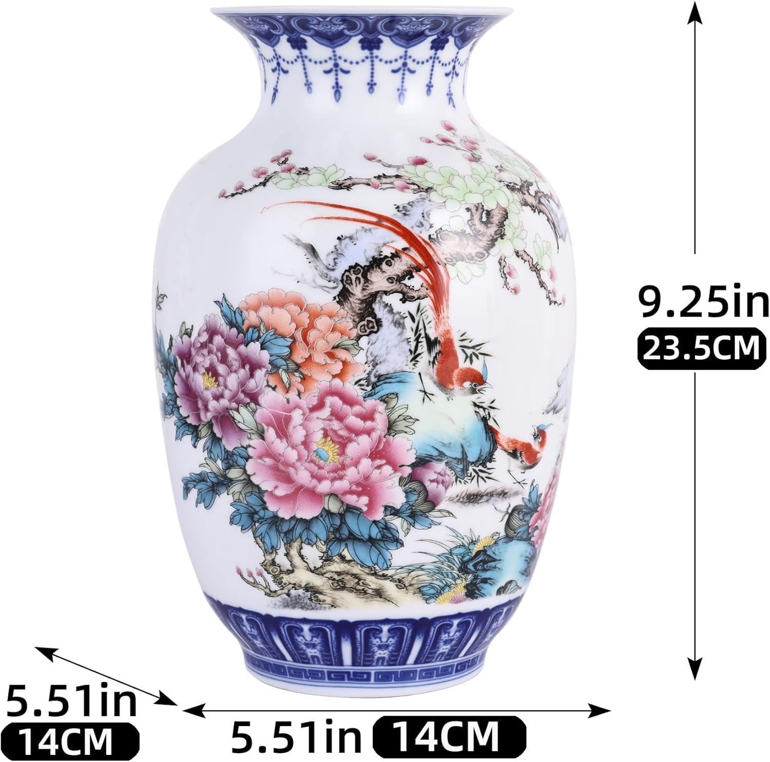 Handcrafted Blue and White Porcelain Thin Body Vases - Traditional Chinese Chinoiserie Thin-Wall Winter Melon Wide Mouth Design,Perfect for Home Decor, Desk, and Display Shelves (Colorful)