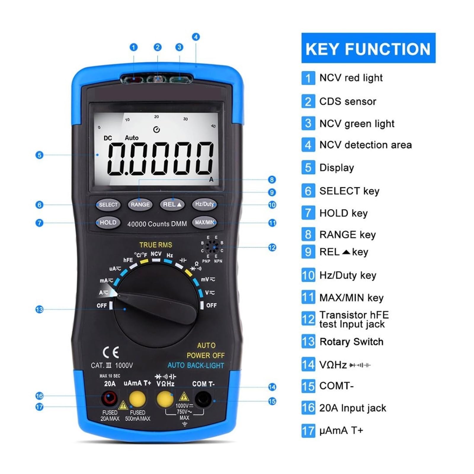 Multimetr Cyfrowy True RMS Auto Range Multimetro 40000 Zlicza Pomiar Ohm Volt Amp Tester Kondensatorów