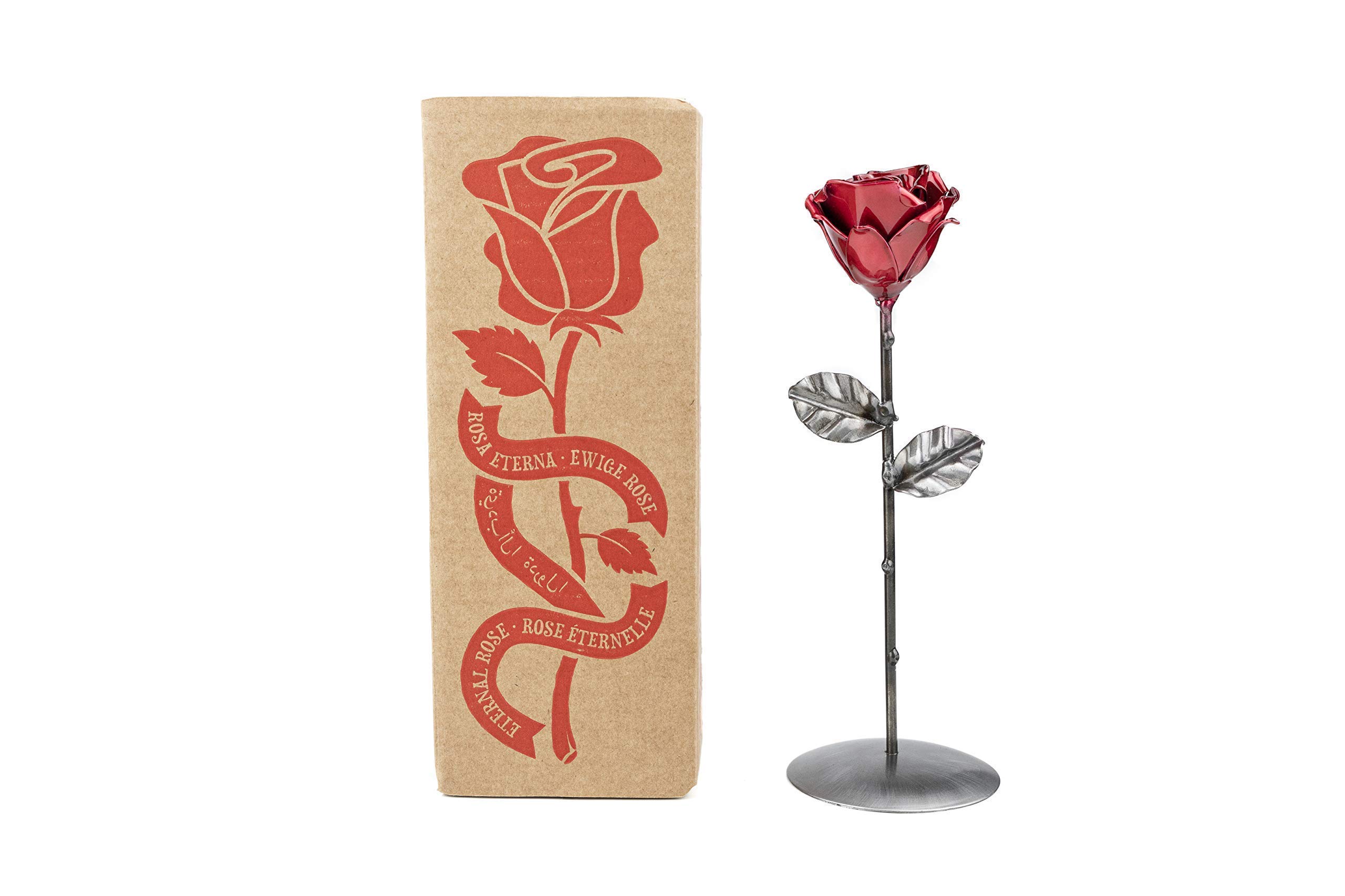 Forging Art Bcn® Hand Forged Eternal Wrought Iron Rose - Gift for Valentine's Day, Mother's Day, 6th Year Wedding Anniversary (Red/Silver With Base)