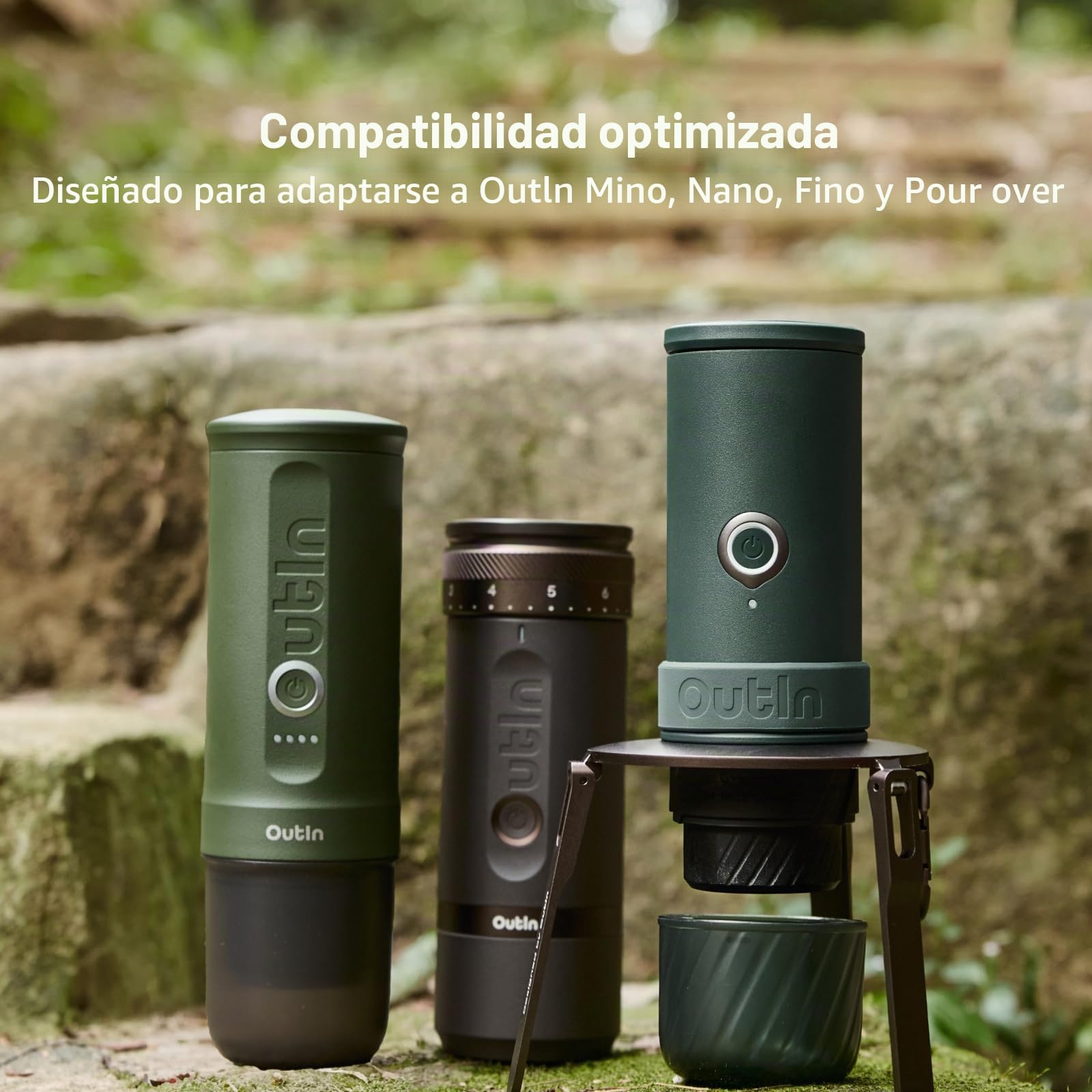 OutIn soporte de Café Plegable y Ultraportátil con Mosquetón, Soporte Estable para Máquina de Espresso, Diseño Monobloque de Aluminio, Compatible Mino y Nano