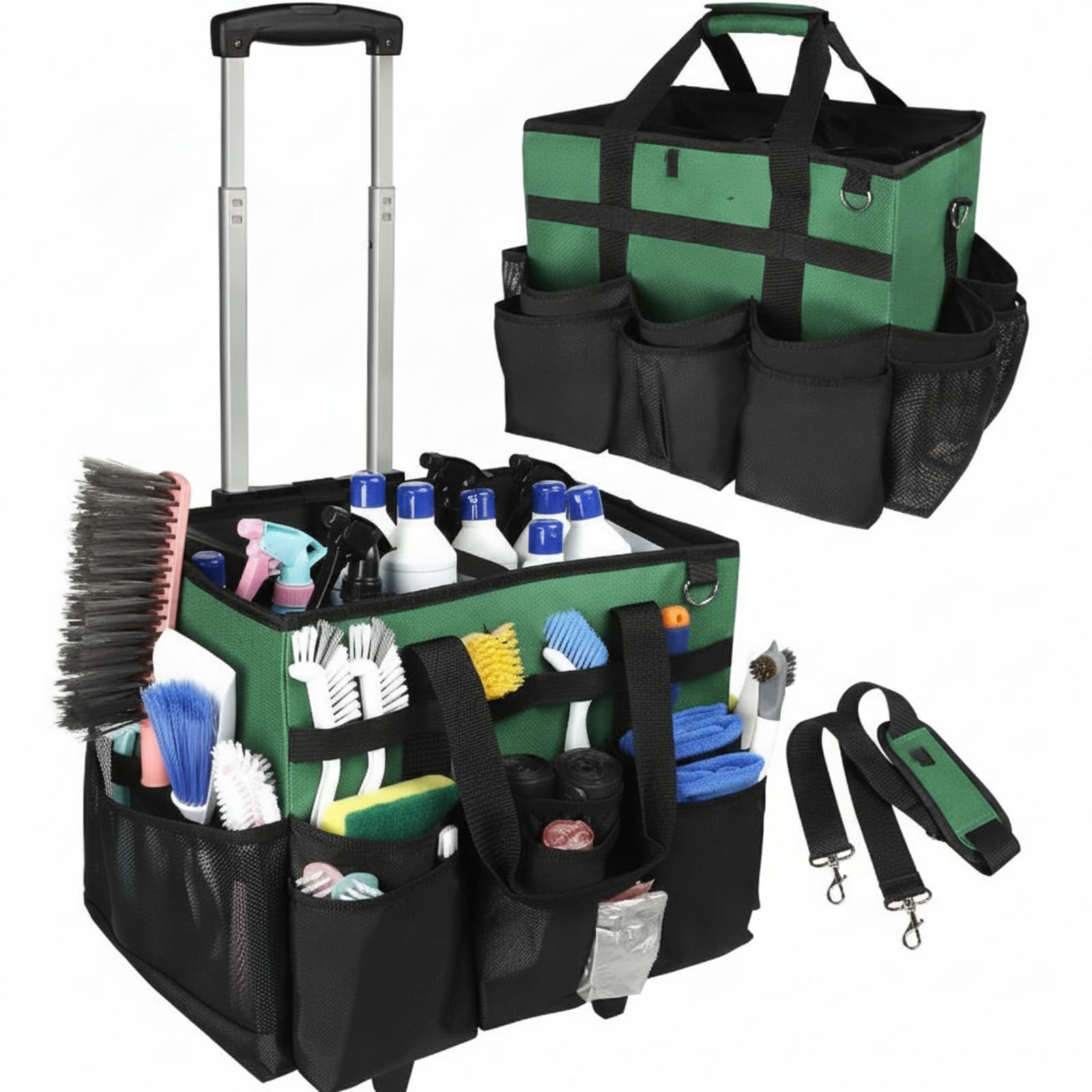 Carrello Porta Prodotti Pulizia Resistente Borsa Organizer con Tracolla Impermeabile Borsa con Tasche per Personale Delle Pulizie, Hotel, Verde