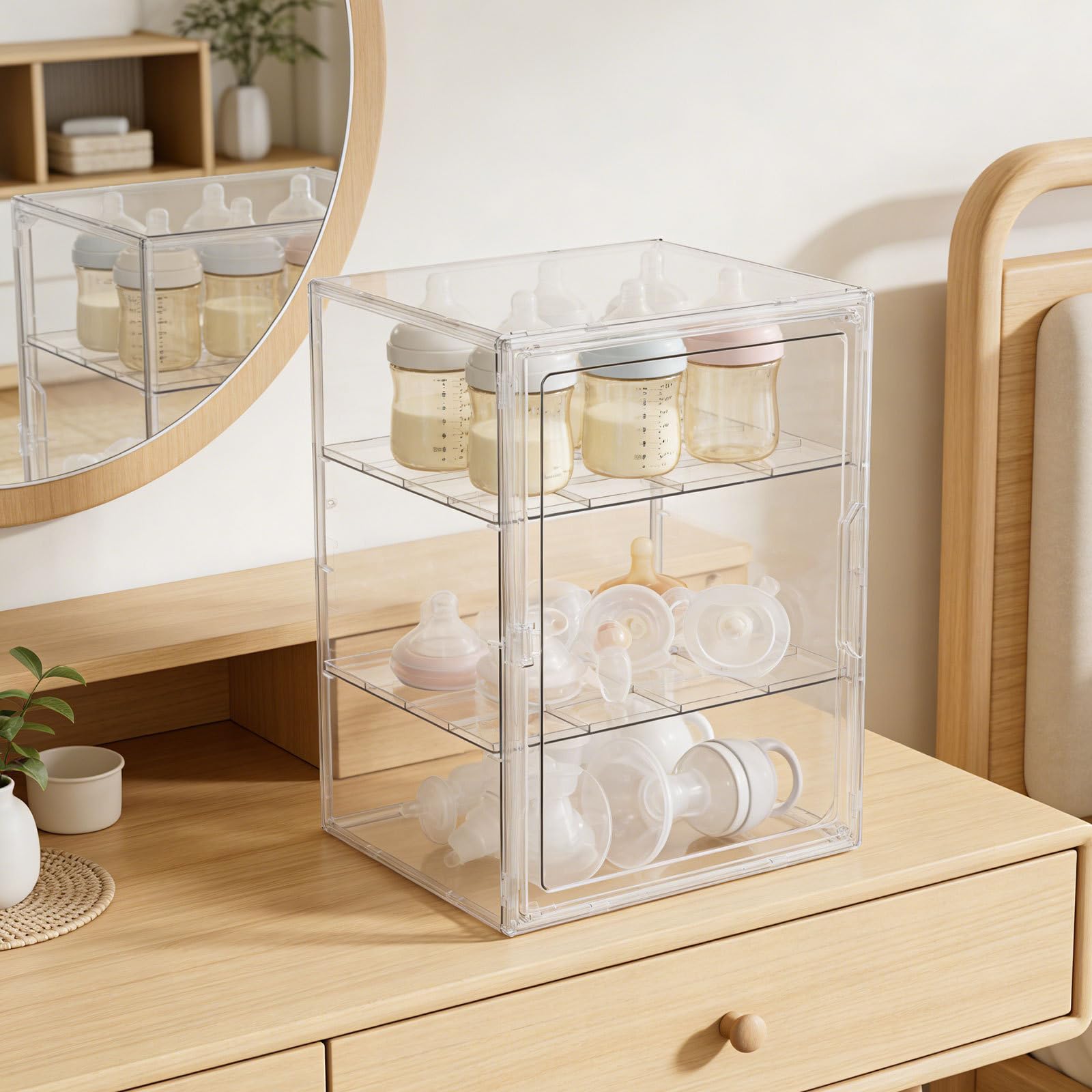 Babyflaschen Aufbewahrungsbox aus Acryl mit 2 Ebenen und Individuellen Fächern Stapelbar und Stabil als Organizer für Küche und Vorratsraum