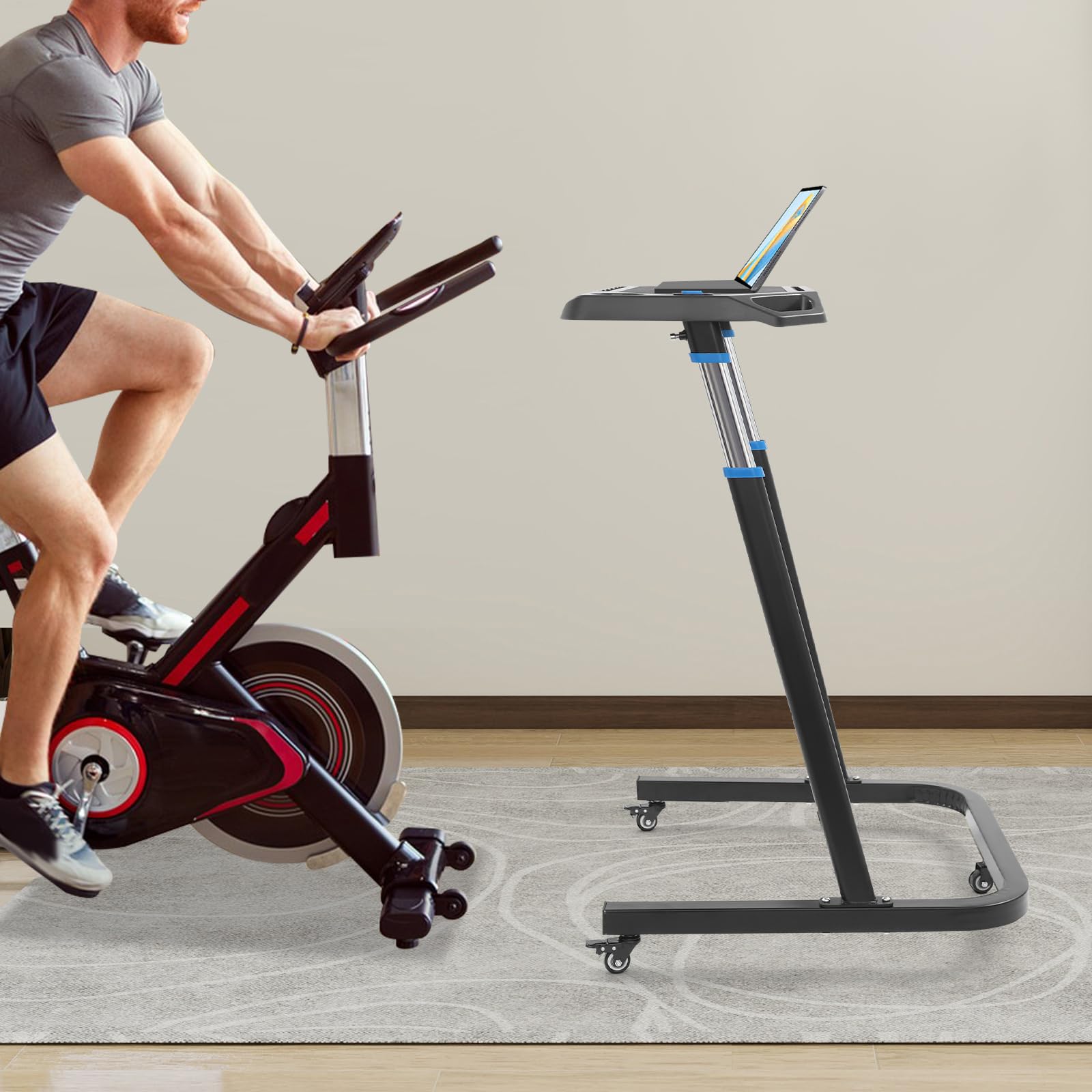 Fahrrad Trainingstisch Höhenverstellbar Rollentrainer Schreibtisch mit Feststellbaren Rollen, rutschfeste Arbeitsfläche, Tablet/Smartphone Halterung & 2 Getränkehalter, für Indoor Cycling Heimtrainer