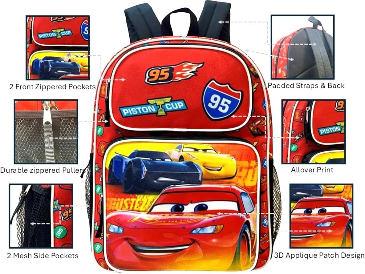 Fast Forward Kid’s Disney Licensed 16” Large School Backpacks with Multiple Pockets (Cars)