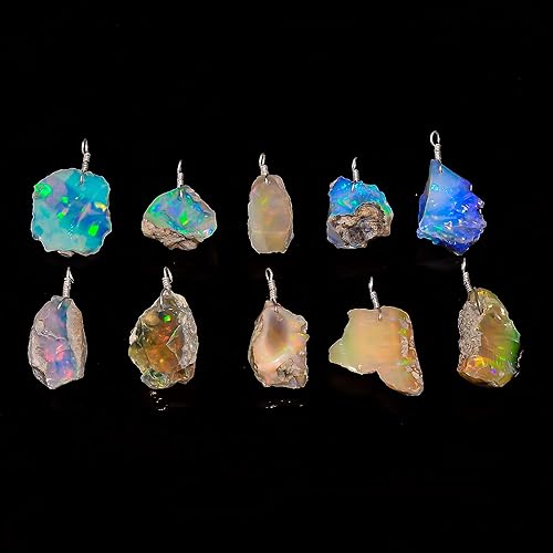 Miniatura 4 de Real Ethiopian Opal Rough Crystals Pendant Necklace Gemstone Natural Raw Crystals Fire Play Healing Crystals, October Birthstone, 925 Sterling