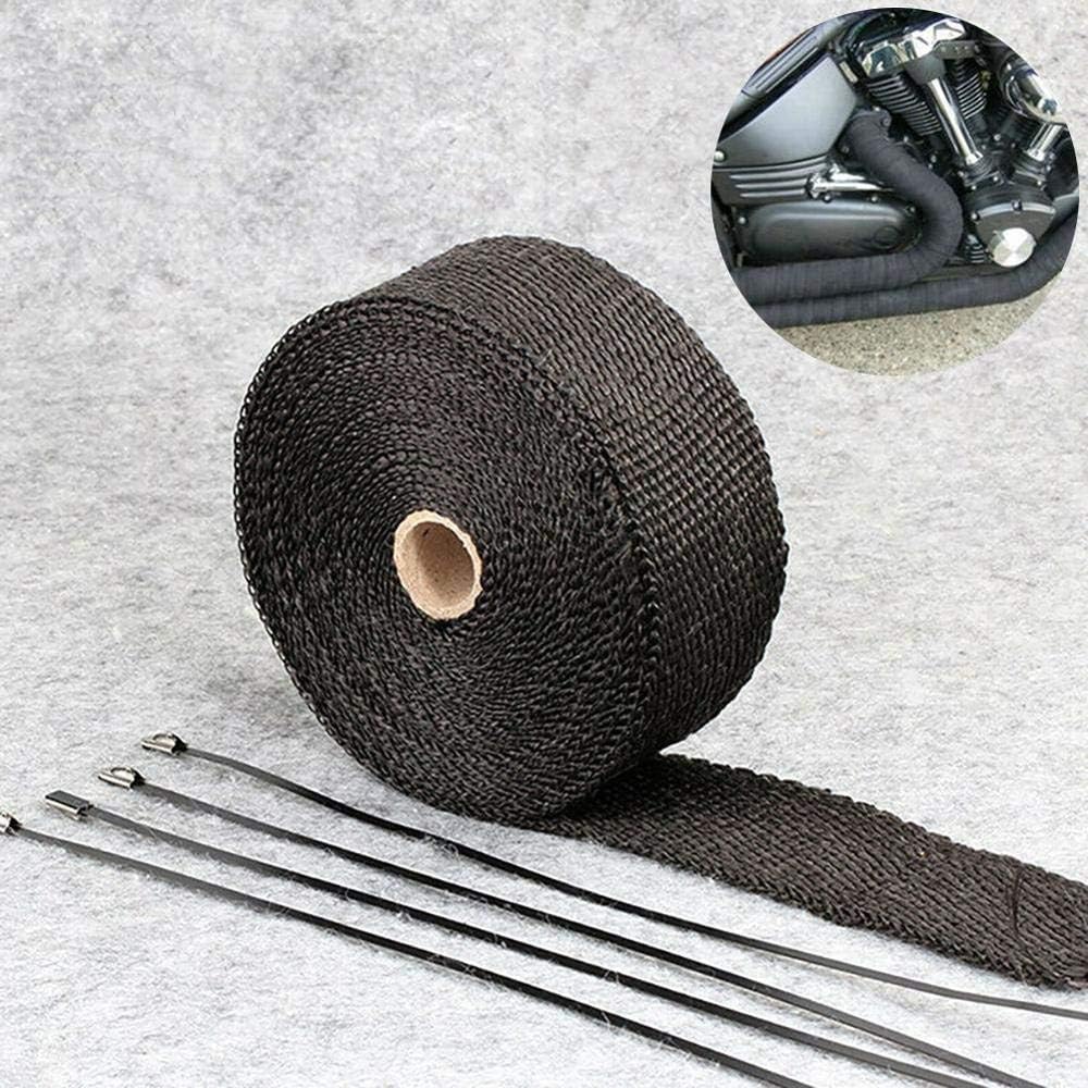 5M Roll Fiberglass Heat Shield Motorcycle Exhaust Header Pipe Heat Wrap Tape Thermal Protection 4 Ties Kit Exhaust Pipe Insulat(Black)
