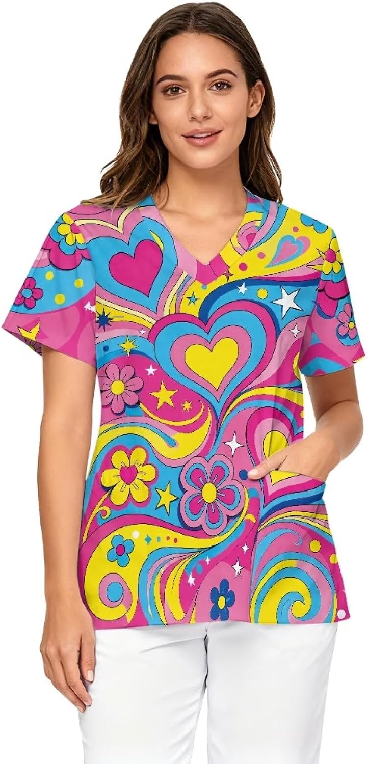 Oversized Scrubs for Women V Neck Printed Medical Scrub Tops Soft Nurse Uniform Shirts with Pockets Size S - 5XL