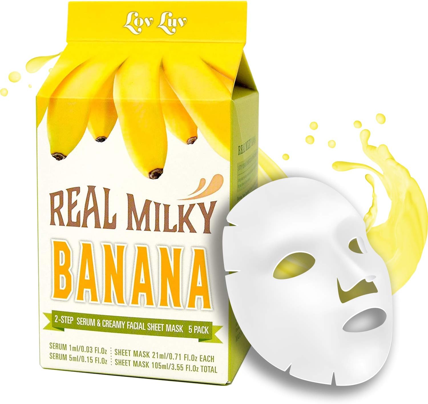 LOVLUV Real Milky Banana Face Masks, K Beauty Moisturizing and Hydrating Facial Sheet Set, Two-Step Skin Care Essence [5 Pack]