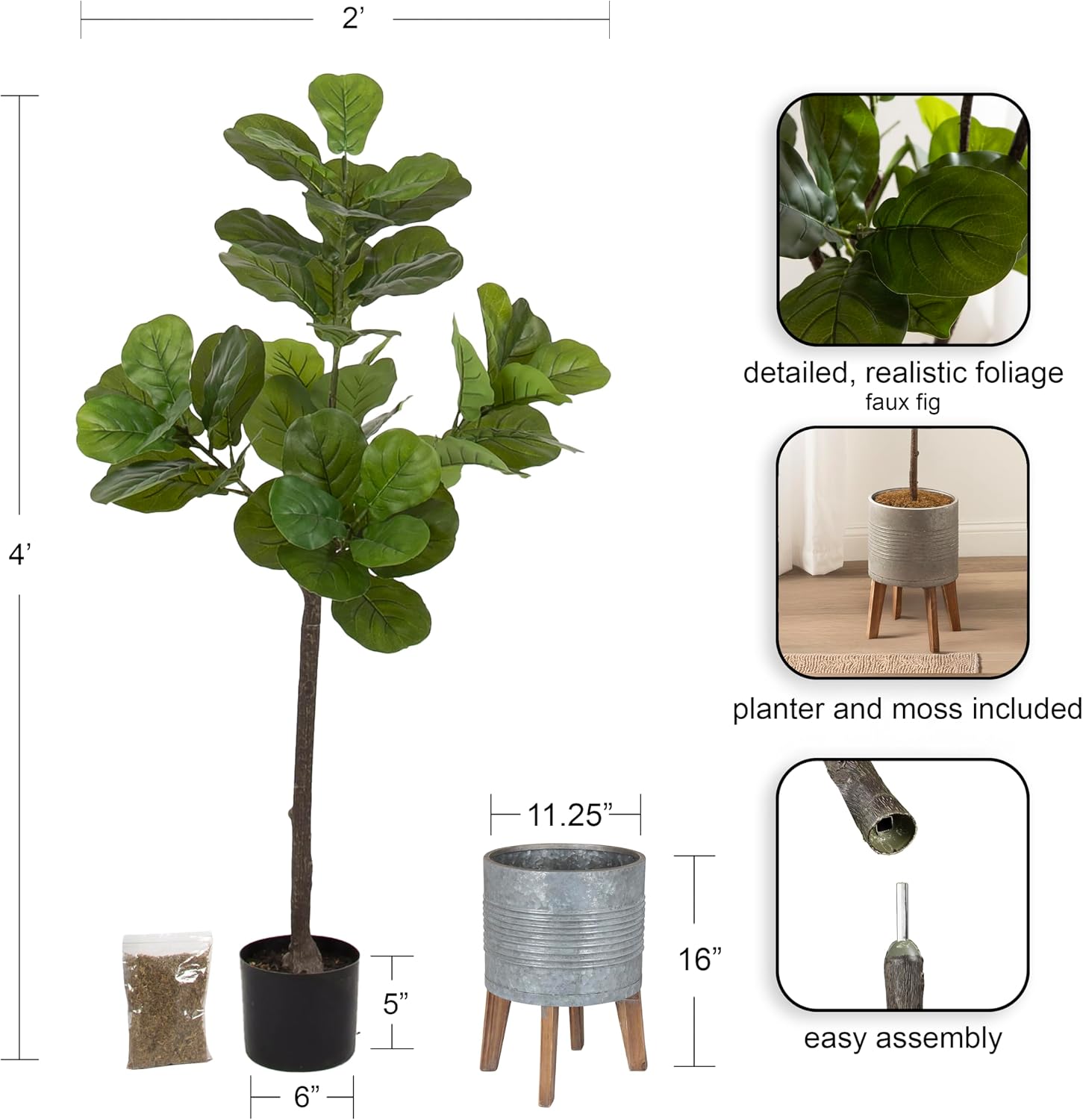 Kate and Laurel Fidmont Faux Fiddle Fig Tree with Gavri Metal Planter Pot, 4 FT, Silver and Rustic Brown, Potted Artificial Tree Indoor with Realistic Foliage and Added Moss, Living Room Fake Plant