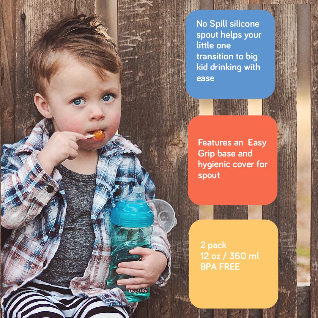 Nuby 2 Pack No Spill Printed Thirsty Kids No-Spill Sip-it Sport Cup with Soft Spout and Lid - 12oz, 12+ Months, 2-Pack, Print May Vary