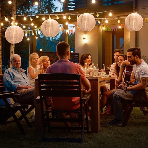 Miniatura 2 de Guirnalda de luces de papel blanco de 20 pies de largo, 9 linternas redondas de papel blanco de 10 pulgadas, luces alimentadas por batería para