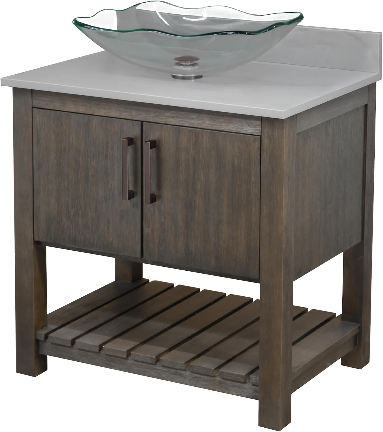 Miseno MV-30CM-NOBV-280-317C-MIR 30" Free Standing Single Basin Vanity Set with Cabinet, Grey Quartz Vanity Top, Rectangular Glass Vessel Sink and Mirror - Cafe Mocha/Storm Grey Top/Matte Black
