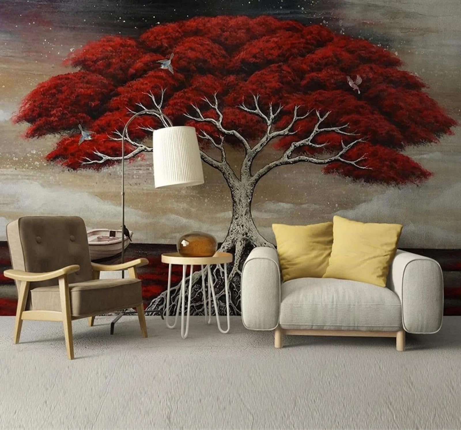Xlming 400Cm×280Cm(B×H) Hand Painted Aesthetic Mangroves Small Boat Birds In Flight 3D Wallpaper Luxury Silk Study Dining Feature Sofa Grey Bedroom Living Room Tv Decorative Wall-400Cm×280Cm