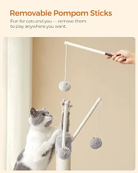 FEANDREA PCT143W01 cat tree with scratching board, 3 removable pompom bars, 118cm, light grey