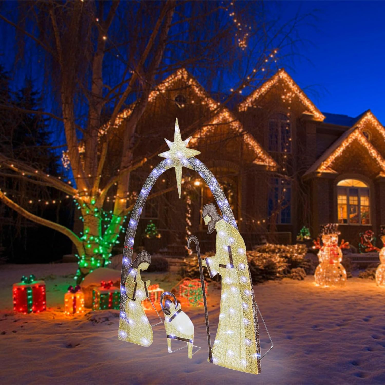 Large Nativity Scene Outdoor, 5FT Lighted Christmas Outdoor Decoration Nativity