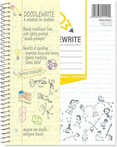 DoodleWrite - Cuaderno de espiral con rayas anchas, incluye instrucciones de garabatos para mantener el enfoque, despierta la