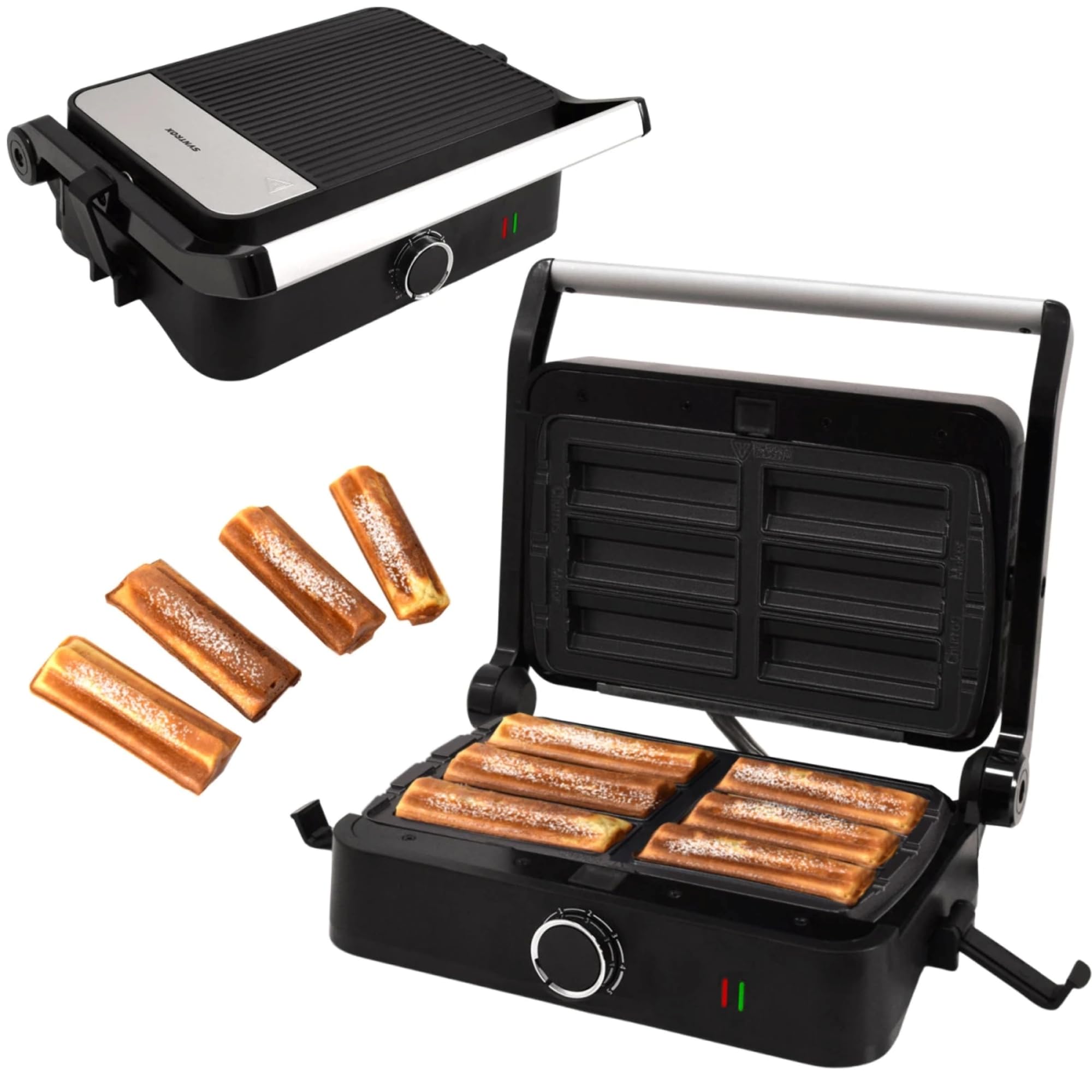 Syntrox Churros Kombigerät Multifunktionsmaker mit Wechselplatten, Kontaktgrill Edelstahl, Multifunktions Sandwichmaker, mit austauschbaren Platten, multifunktionales Küchengerät