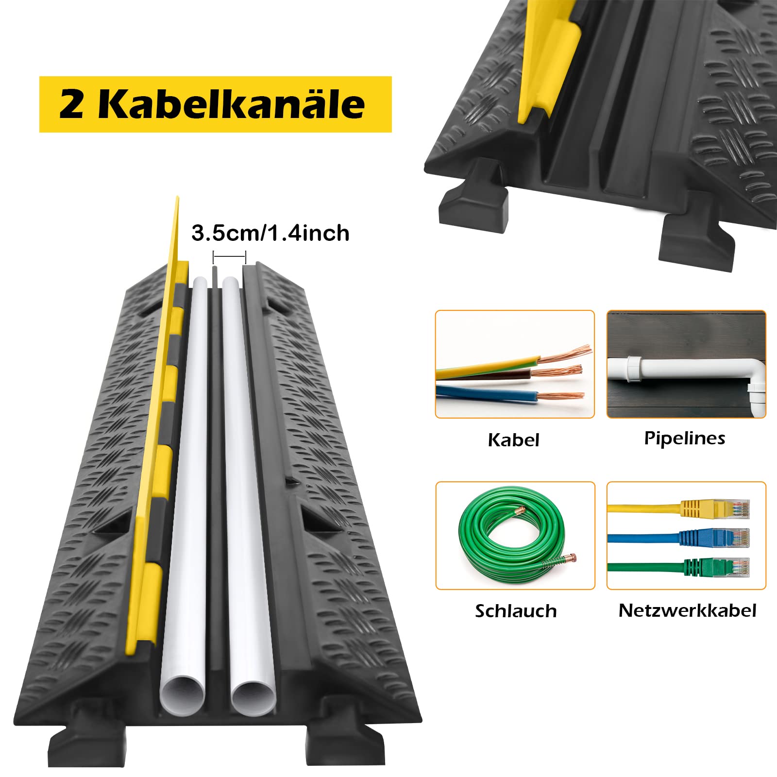YRHome Ponte per cavi a 2 canali, protezione da attraversamento, 100 x 24 x 5 cm, con coperchio, rampa estraibile, protezione per fermi, in gomma, protezione per auto e camion,