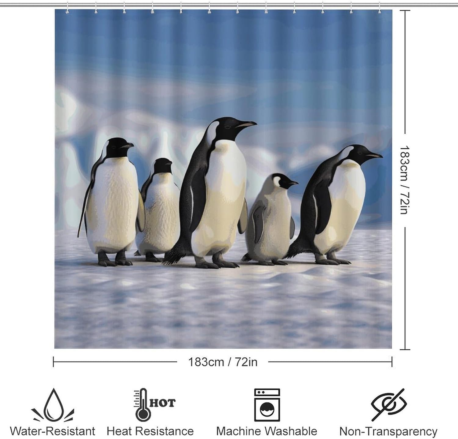 Five Penguins 4Pcs Shower Curtain Set with Non-Slip Rugs, Toilet Lid Cover and Bath Mat,Bathroom Set Decor Accessories,Curtain Set with 12 Hooks, 72 X 72 Inch