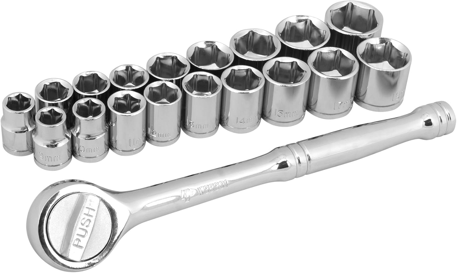 Performance Tool W38301 19 Piece 3/8" Drive SAE and Metric 6 Point Socket Set with Ratchet