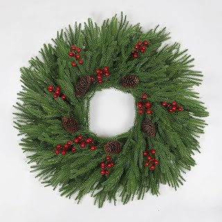 24'' Norfolk Pine Wreath,Christmas Wreath for Front Door, Real Touch Artificial Greenery Wreath with Pinecones Red Berries Realistic for Wall Fireplace Windows Indoor Outdoor Home Holiday Decorations
