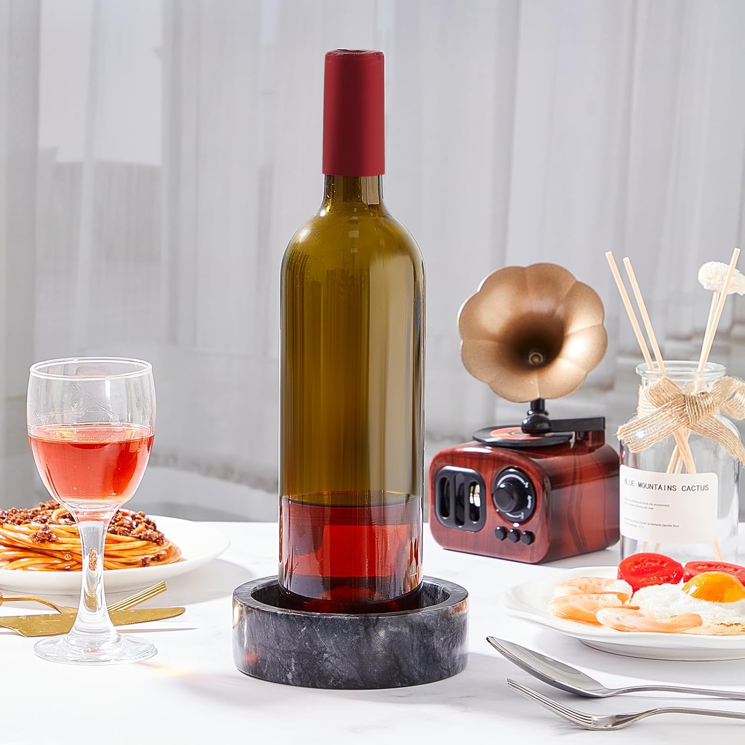 Hoolerry 2 Pcs Marble Wine Bottle Coaster Set Small Marble Wine Bottle Holder for Table with Absorbent Cork for Glass Jewelry Key (Black,4.7x1.2inch)