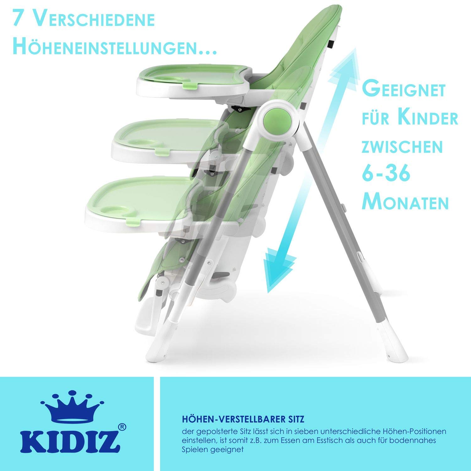 KIDIZ® 3 in 1 Seggiolone Seggiolone per bambini con barra dei giochi, Lettino per bambini, Seggiolone combinato Seggiolone per bambini, Schienale regolabile in 7 diverse altezze, verde