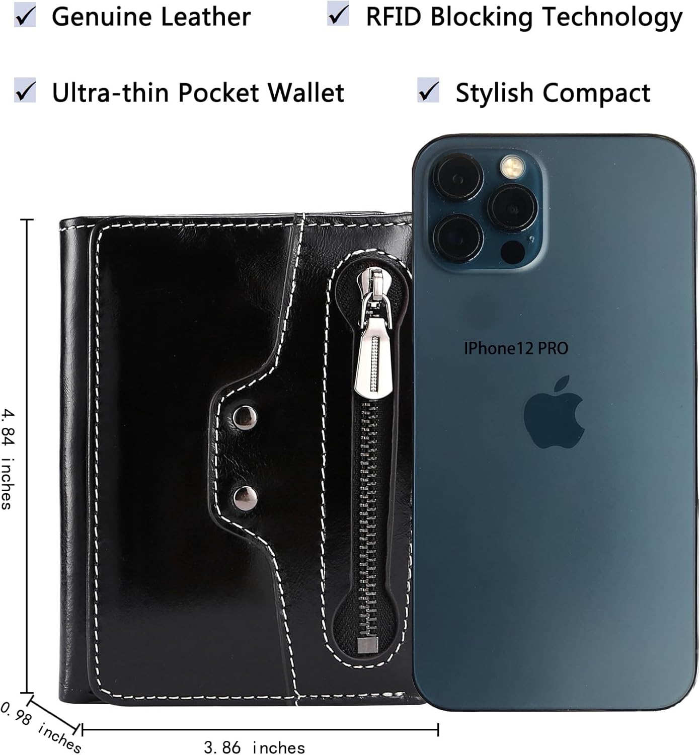AINIMOER Small Leather Wallet for Women, Slim Compact Credit Card Holder RFID Blocking Wallets Organizer with Coin Pocket, Waxed Black
