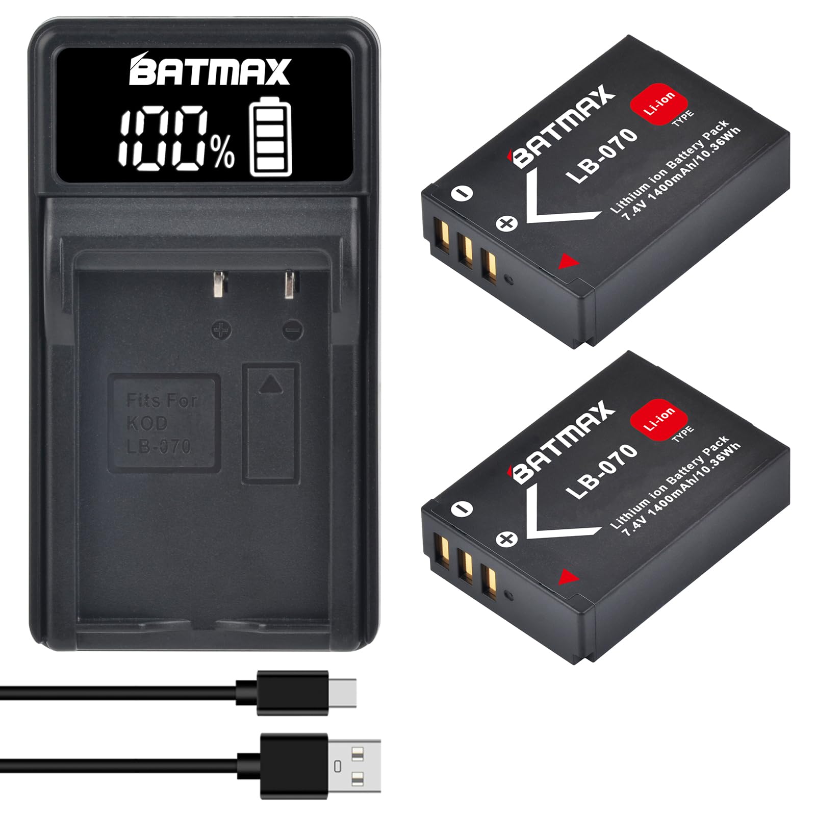 Batmax 2X LB-070 Battery + Quick LCD Charger for Kodak Pixpro AZ901 Astro Zoom, Kodak PIXPRO S1,Minolta MN67Z 20MP FHD, Minolta MN67Z-BK Cameras
