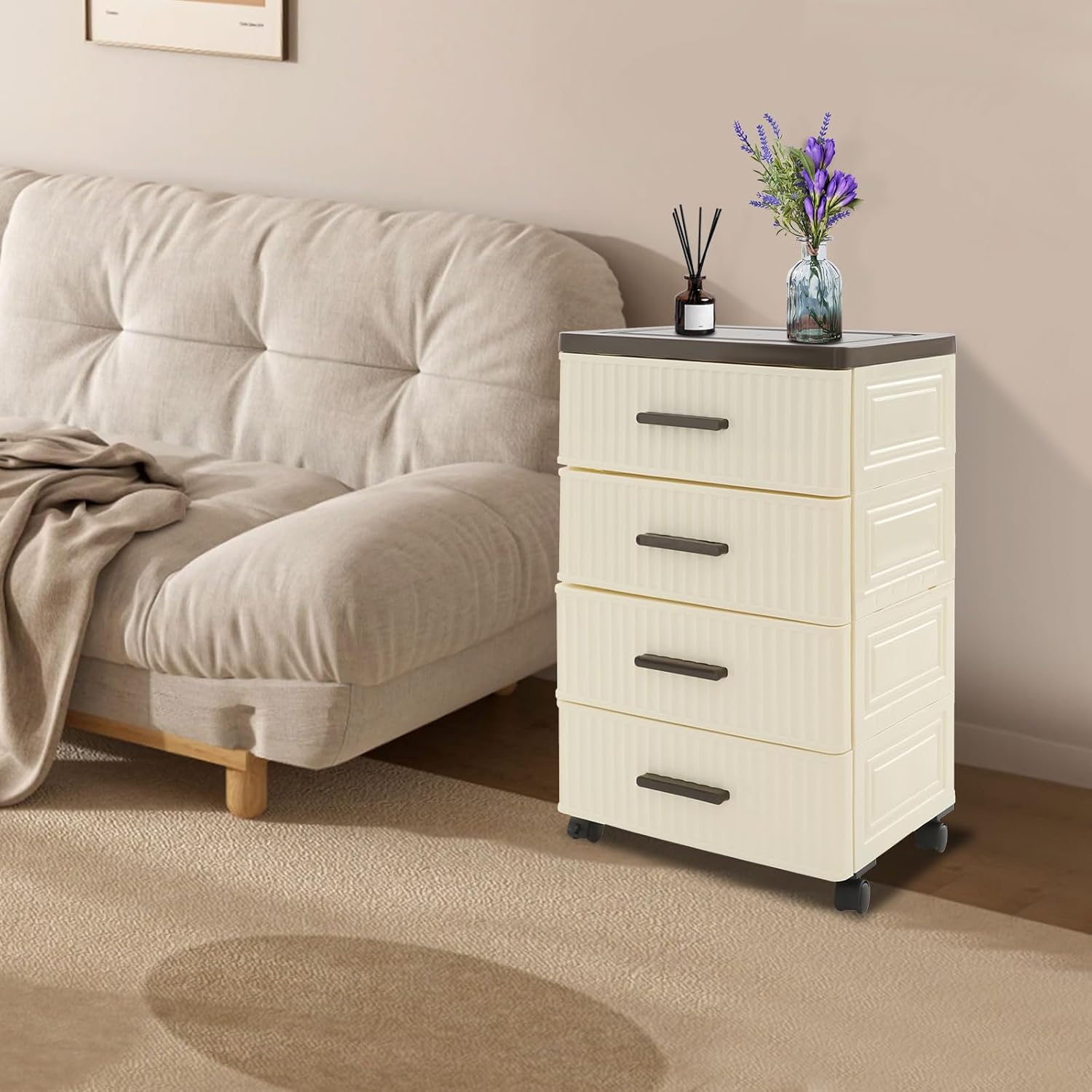 Peakor 4-Tier Storage Organizer Cart with 4 Sealed Drawers & 2 Lockable Wheels, Mobile Organizer Multi-Purpose Rolling Drawers for Kitchen Office Bedroom, Creamy Beige