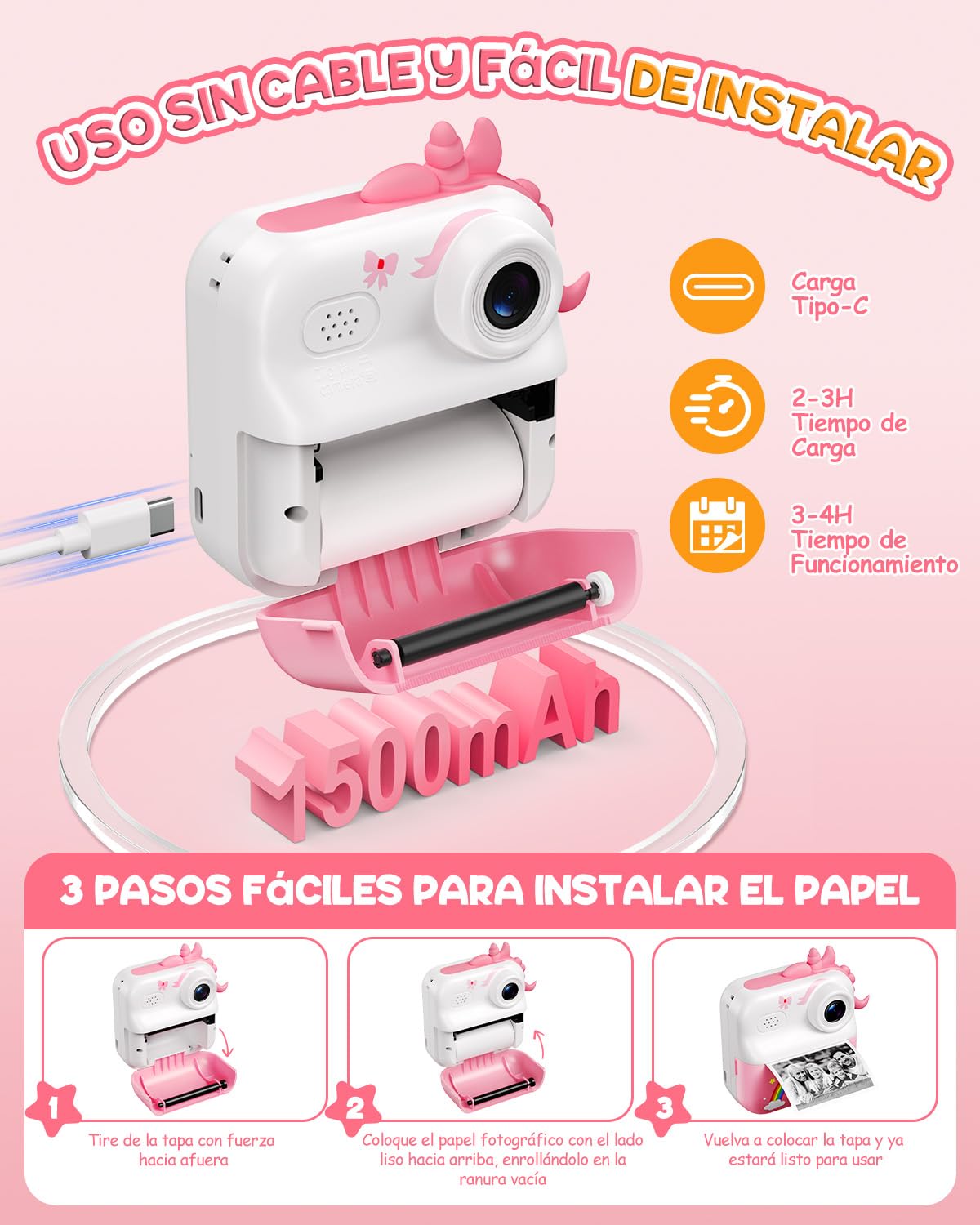 ElecMoga Camara Fotos Infantil Instantanea, 2.4'' HD 1080P Camara Digital para Niños con Tarjeta 32 GB y Papel Fotográfico, Zoom 16x Cámara Instantánea Color, Regalos Juguete para Niños de 3 a 12 Años