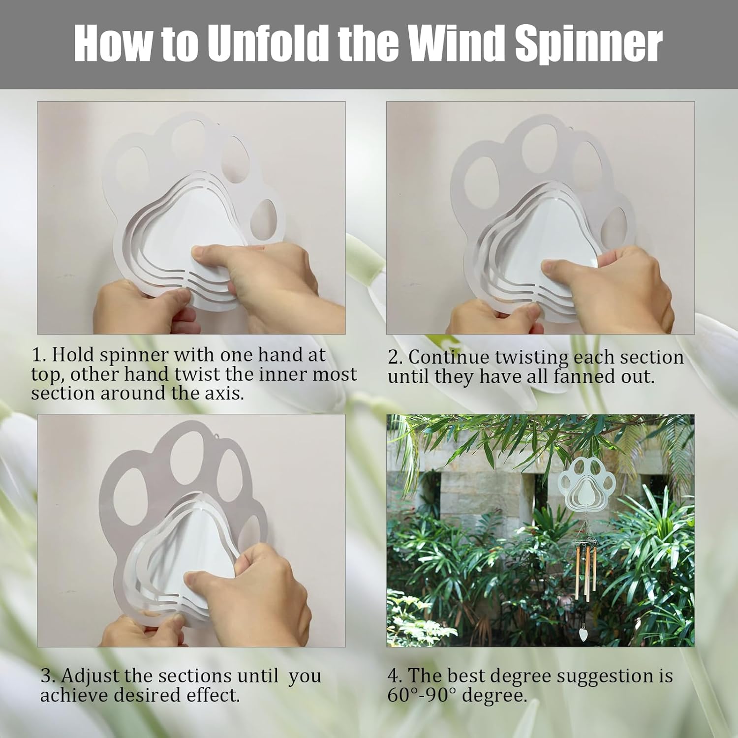 4 Packs Sublimation Wind Chime Wind Spinner Blanks Set 3D Aluminum Metal Wind Sculpture Kinetic Spinners Chimes for Yard Garden Indoor Hanging Decor Dog Cat Memorial Gifts Pet Loss Sympathy (Pet Paw)