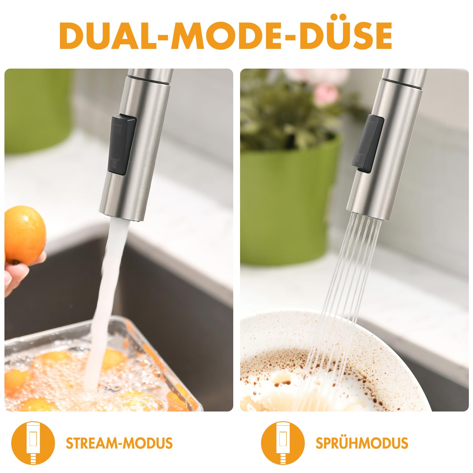 AIMADI Sensor Wasserhahn Küche Ausziehbar Automatisch Küchenarmatur Berührungslos, 360° Drehgelenk, 2 Sprühmodi Armatur Küche Spültischarmatur Flexibel & Modern Gebürstete Nickel