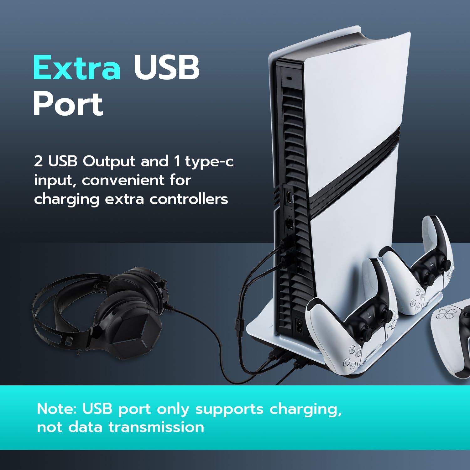 PS5/Slim/Pro stojak z wentylatorem chłodzącym, stacja ładująca PS5, PS5 pionowy stojak chłodzący z 2 ładowaniem USB i 3 prędkością wiatru do PS5 gadżetów