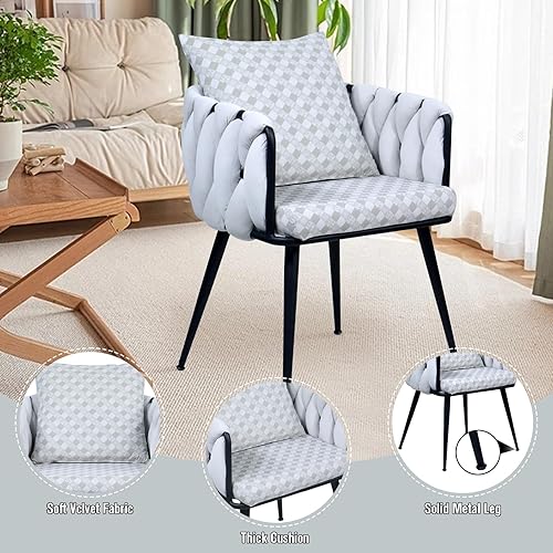 Miniatura 4 de Juego de 2 sillas de comedor modernas de terciopelo de mediados de siglo, sillas decorativas tejidas a mano, sillas de sala de estar, silla auxiliar